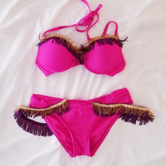 Hand Embellish Bikini w/Layered Gold/Purple Fringe - Picture 2 of 4